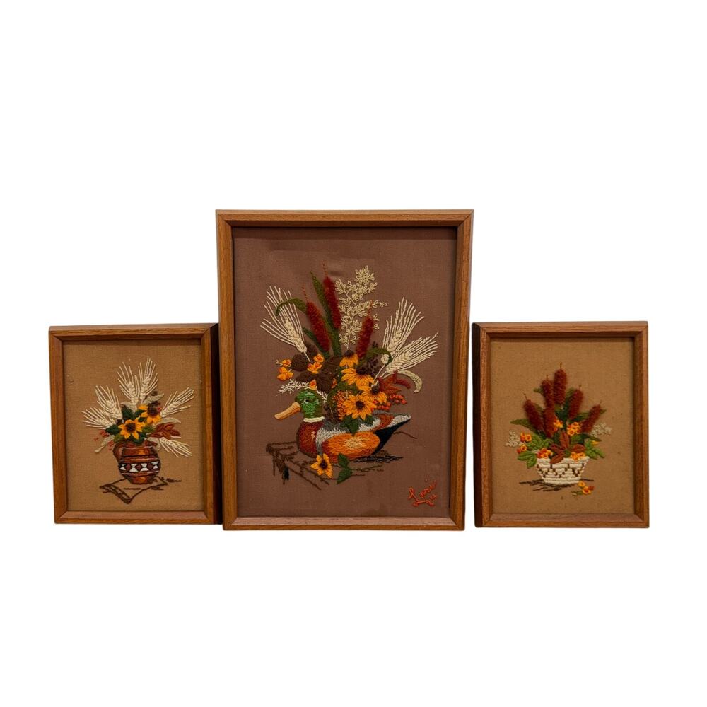 Matching Set of 3 Vintage Framed Crewel Embroidered Wall Art